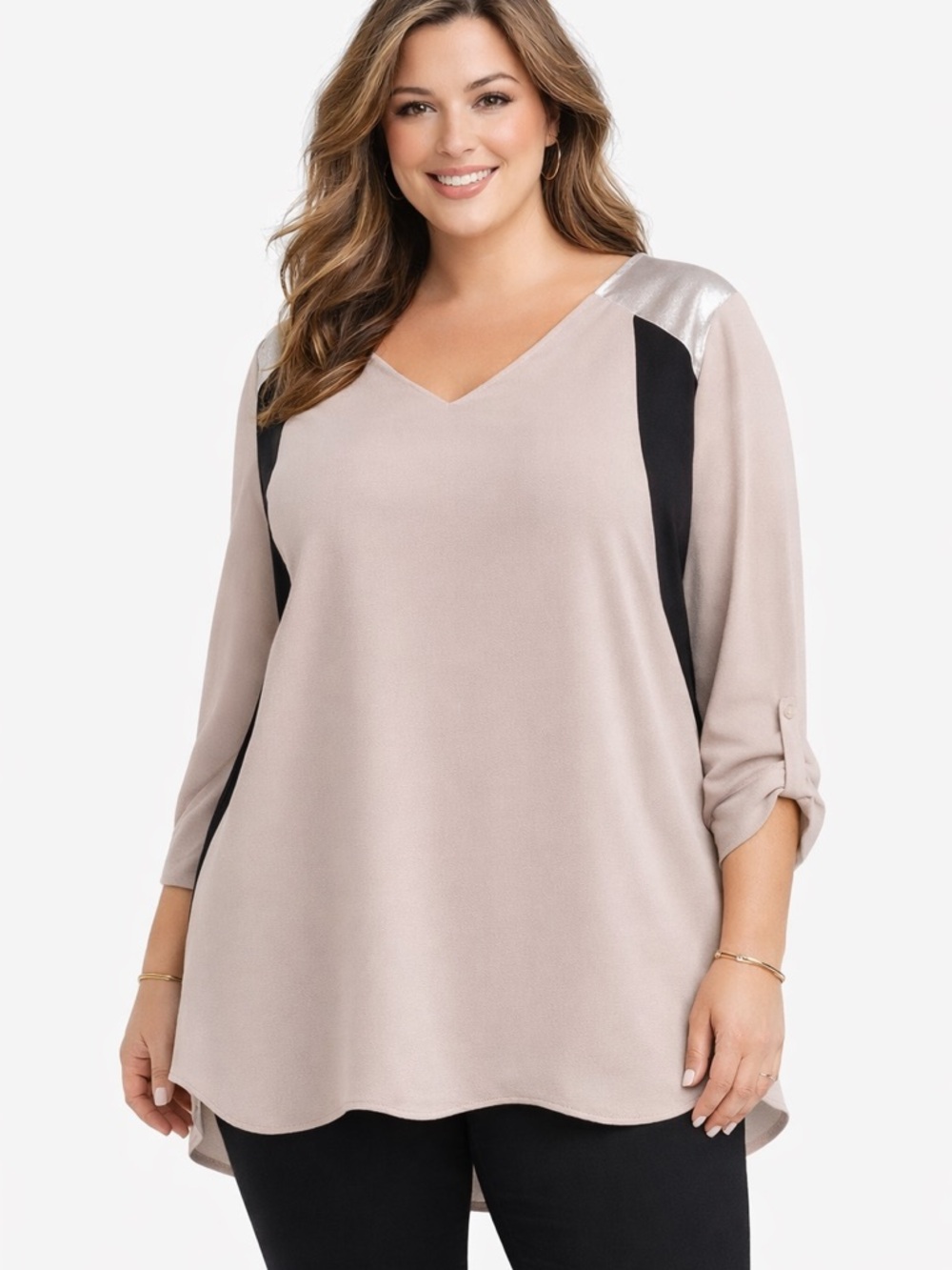 Lane Bryant Colorblock Blouse Size 22/24 Beige Black V-Neck